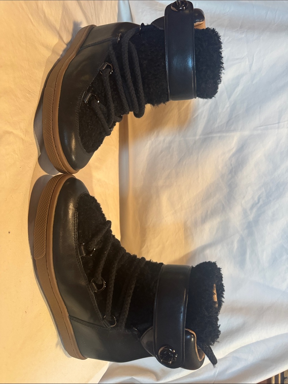 Coach Black Shearling-Trim Winter Lace-Up Ankle Boots